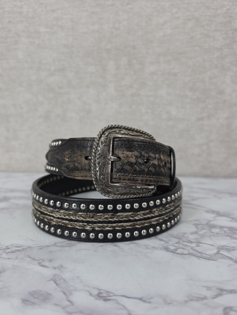 Nocona Leather Belt Top Hand Studded Western Braided Raffia